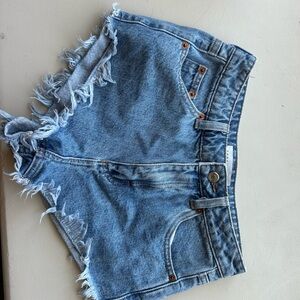 Topshop Blue Jean Shorts High-Waisted Frayed Hem